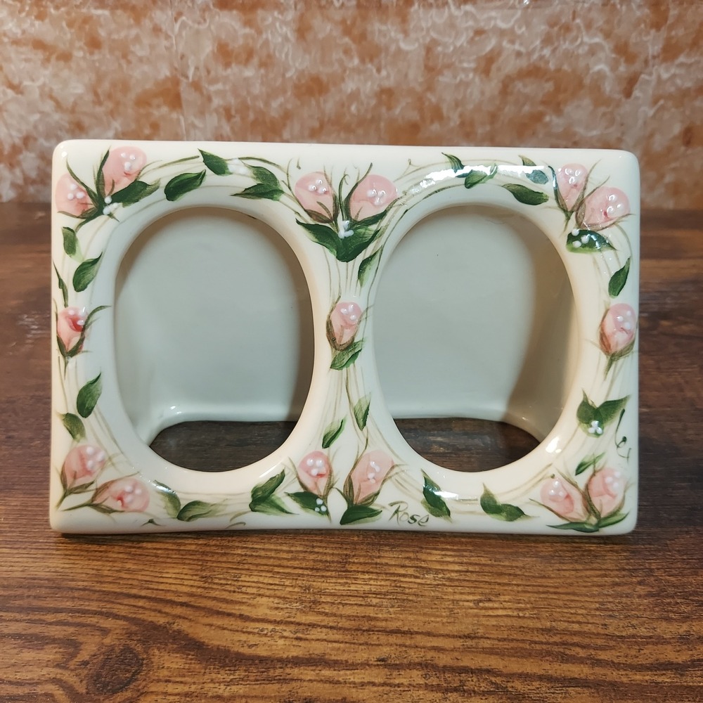 Hand Painted Ceramic Double Rosebud Picture Frame 4x7 Pink Floral Cottagecore